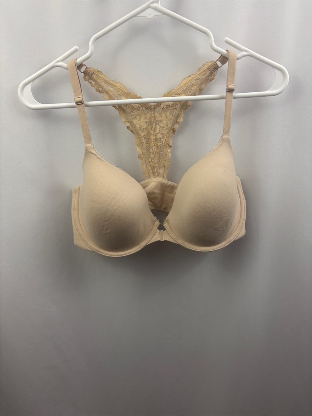 Victoria's Secret Lined Demi Bra Size 34DD Beige Front Close Racerback